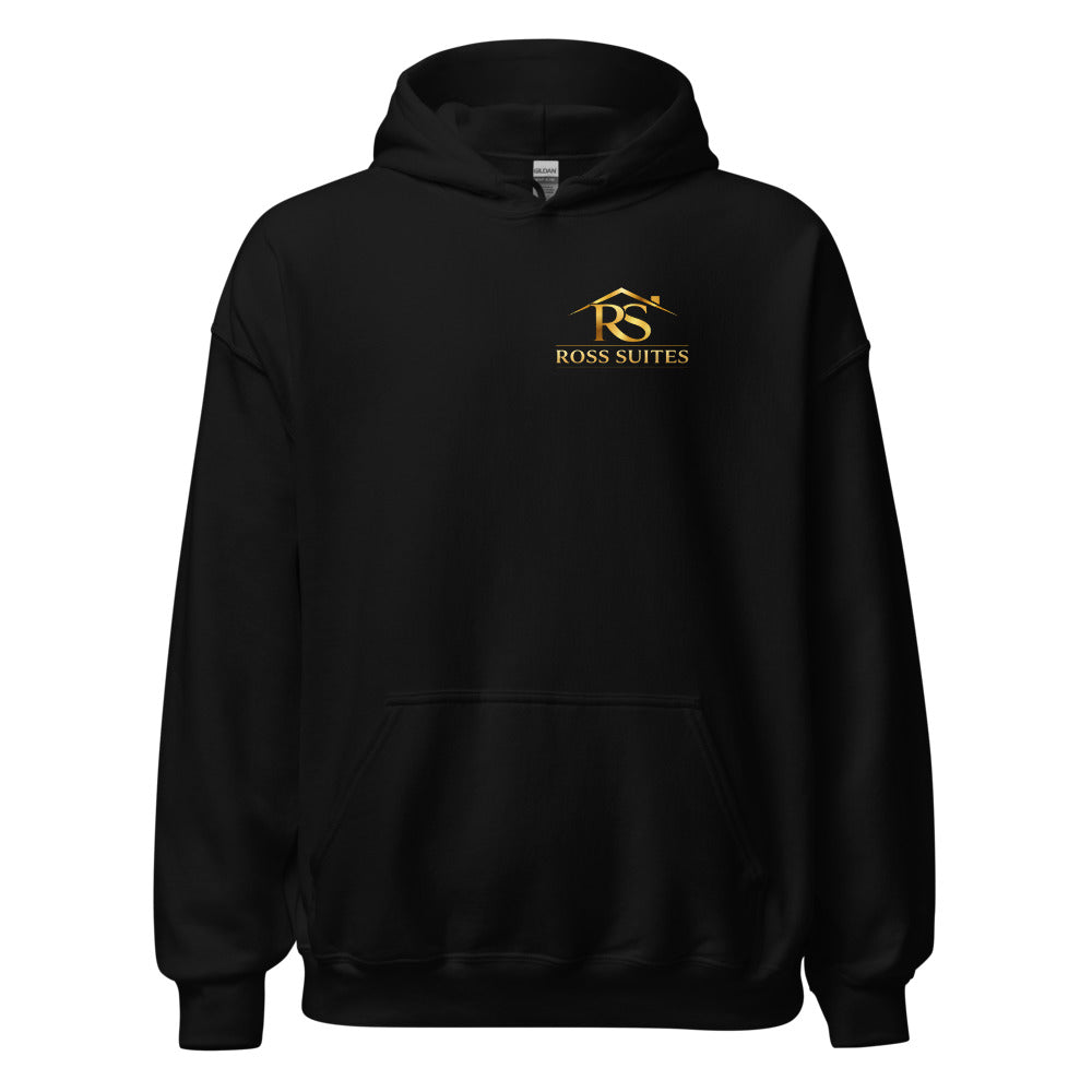 Black hoodie with the Ross Suites mark printed on the left chest.