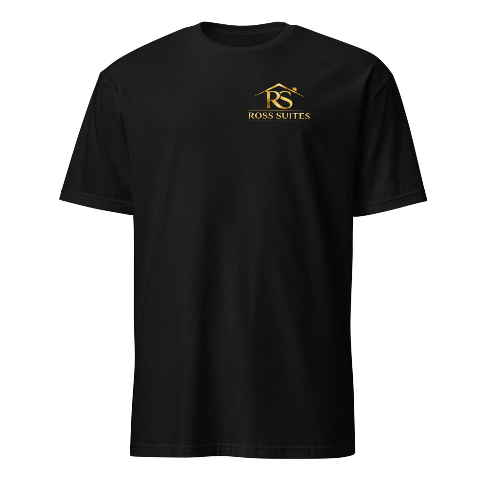 Black t-shirt with the Ross Suites mark printed on the left chest.